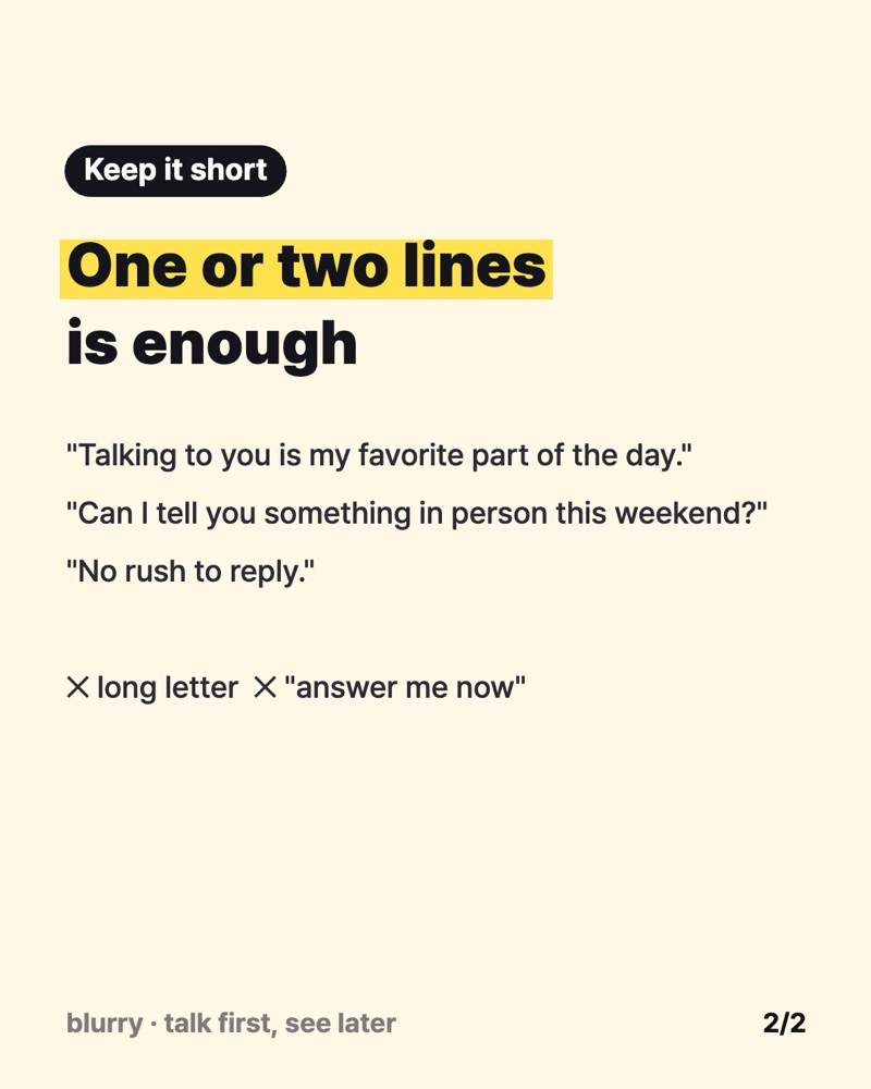Card listing three short confession text examples and two things to avoid: a long letter and asking for an answer right now