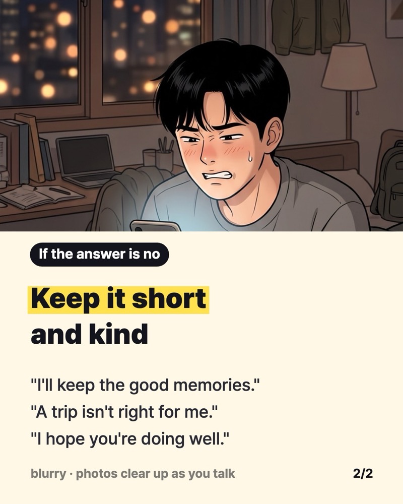 Webtoon panel of a young man lying on his bed, gritting his teeth over his phone, with three short, kind ways to say no to an ex