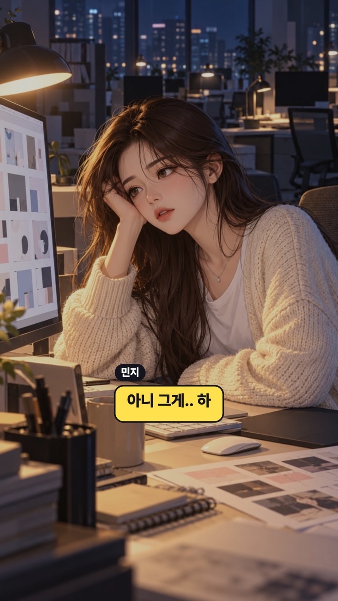 야근하며 한숨 쉬는 디자이너 웹툰 장면