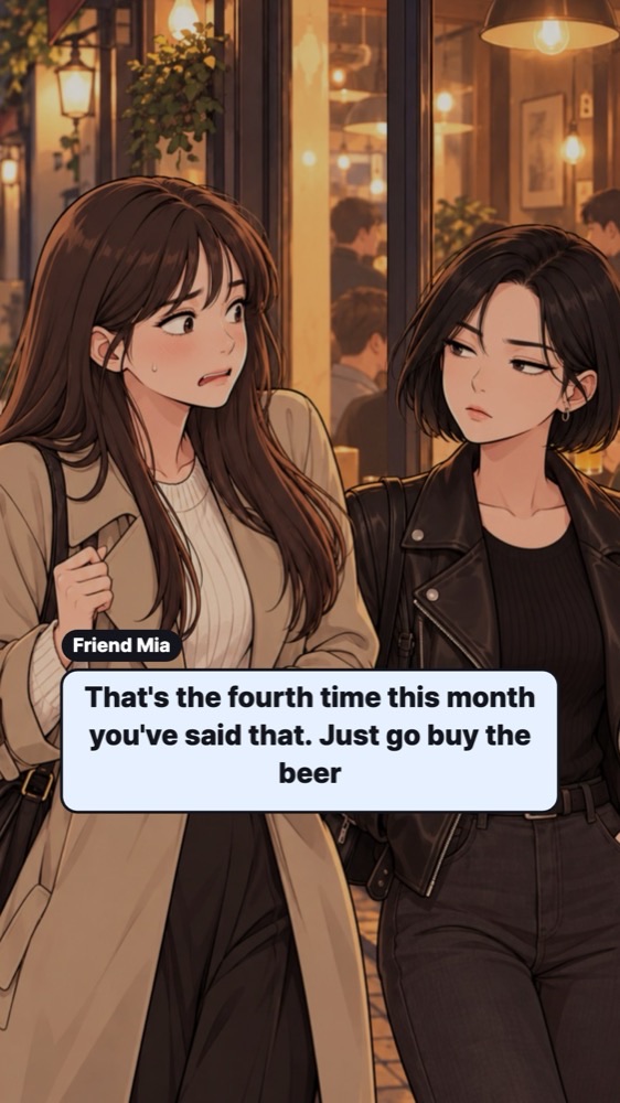 Webtoon panel of a woman in a beige trench coat walking past a bar at night while her friend in a leather jacket teases her