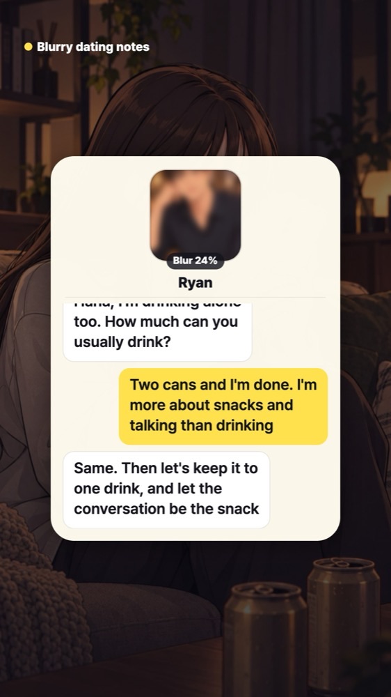 Chat screen where he asks how much she usually drinks, she says two beers and she is more into snacks and chatting, and he suggests just one drink with conversation as the snack