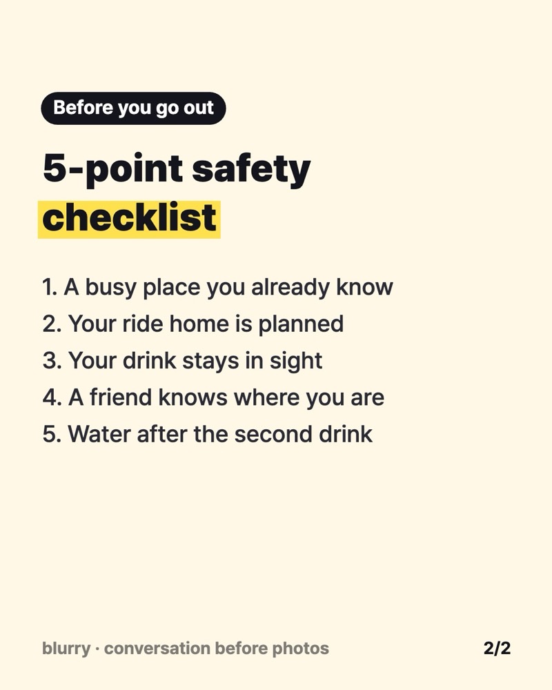 Card listing a five-point first date safety checklist: busy place, ride home, drink in sight, share location, water after the second drink