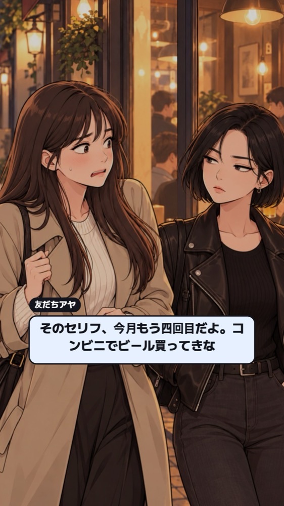 夜の飲み屋街を歩くトレンチコートの女性に、革ジャンの友だちが無表情でツッコむウェブトゥーンのコマ