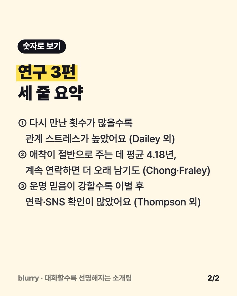 재회 횟수와 스트레스, 애착이 절반으로 주는 4.18년, 운명 믿음과 연락 행동을 세 줄로 요약한 노란 카드