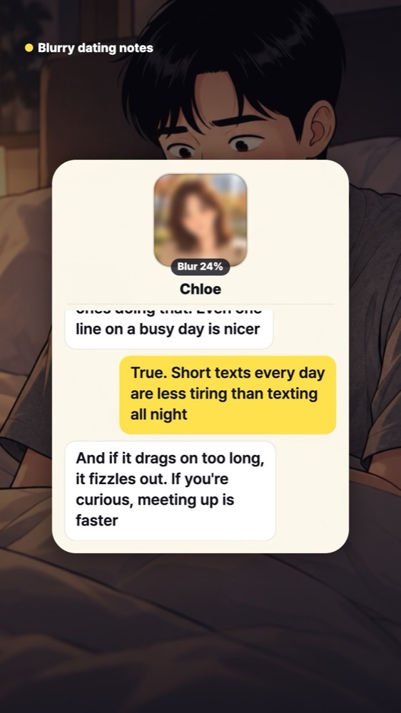 Comic chat screen where a woman tells a man that a quick line on busy days beats timing replies