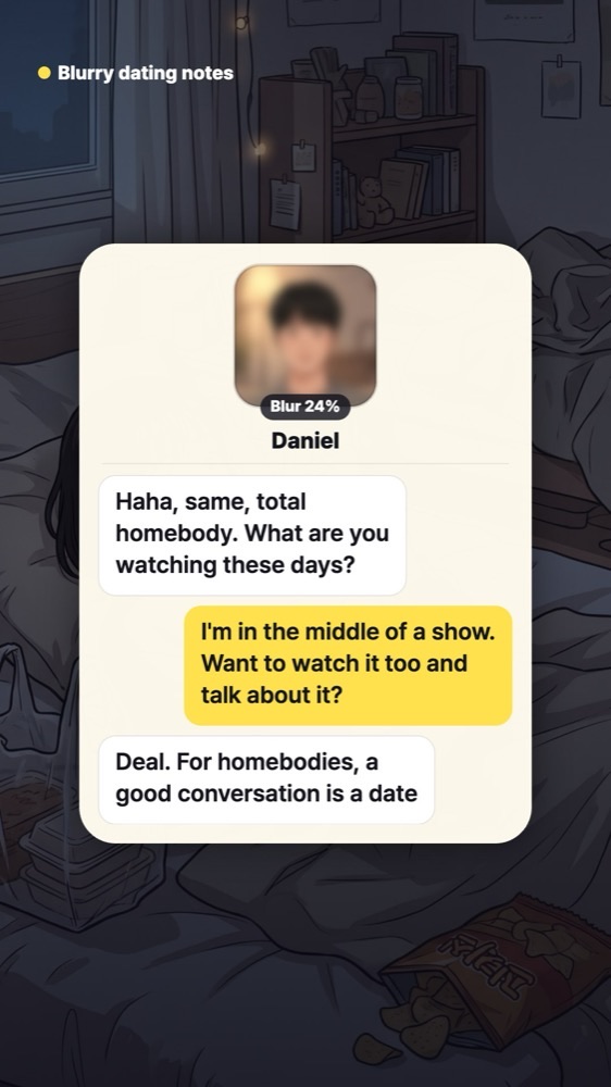 Chat screen where a match says he is a homebody too and asks what she is watching, and she suggests watching a show together