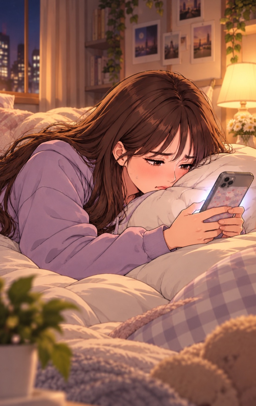 밤에 침대에 엎드린 여자가 베개에 얼굴을 반쯤 묻고 휴대폰에 메시지를 썼다 지웠다 하는 웹툰 컷