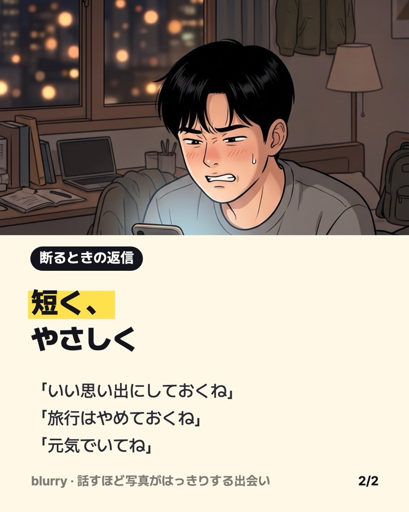 ベッドでスマホを持ち、歯を食いしばって返信に悩む男性の漫画コマに、短くやさしい断りの返信例3つを載せたカード