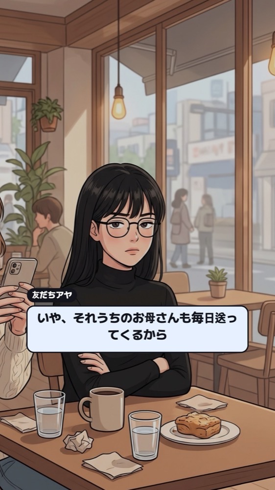 腕を組んで無表情で答える友人と、笑顔のまま固まる主人公のウェブ漫画コマ