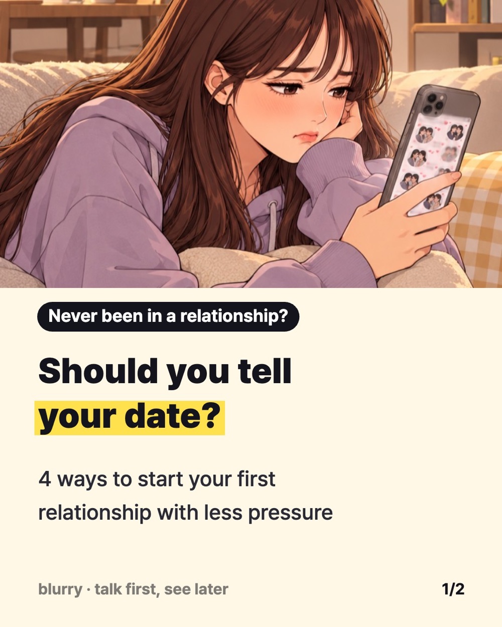 Webtoon panel of a young woman curled up on a couch frowning at a group chat full of couple photos, with the title 'Should you tell your date?'