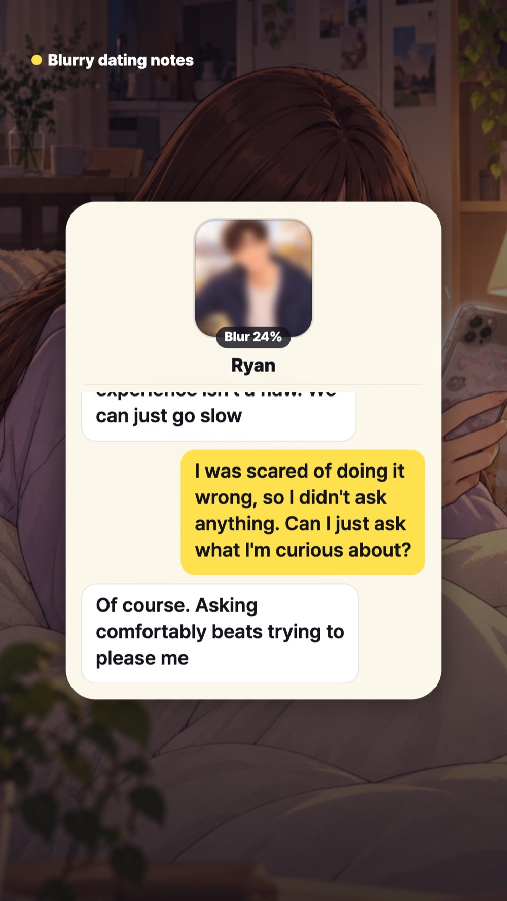 Chat screen where a woman tells her match she has never dated and he replies that it's not a flaw and they can take it slow