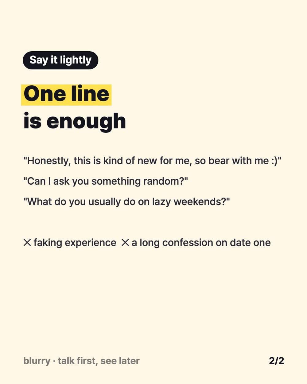 Card with three light one-liners for mentioning inexperience and two things to avoid: faking experience and a long confession on date one