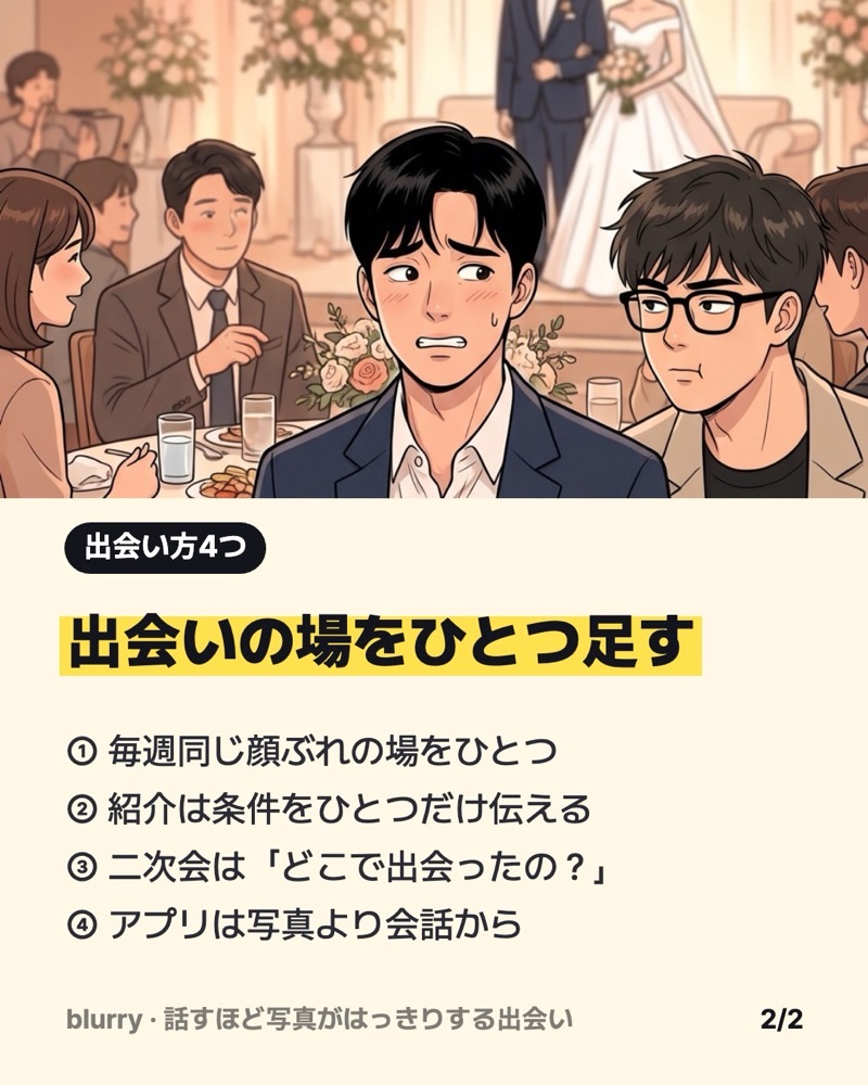 結婚式の席で眼鏡の友人に生活が職場と家とジムだけだと指摘される漫画のコマと、出会い方4つをまとめたカード