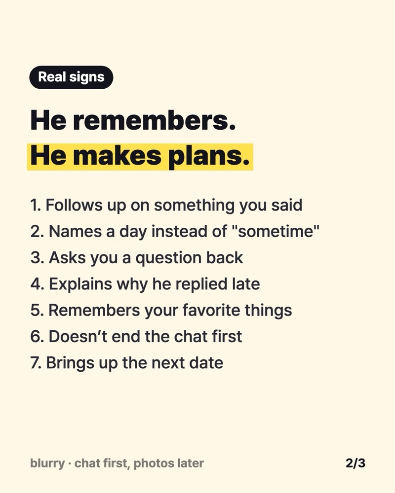 Card listing seven texting signs that someone is interested