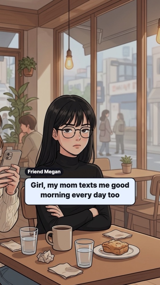 Webtoon panel of an unimpressed friend with crossed arms and a frozen smiling main character