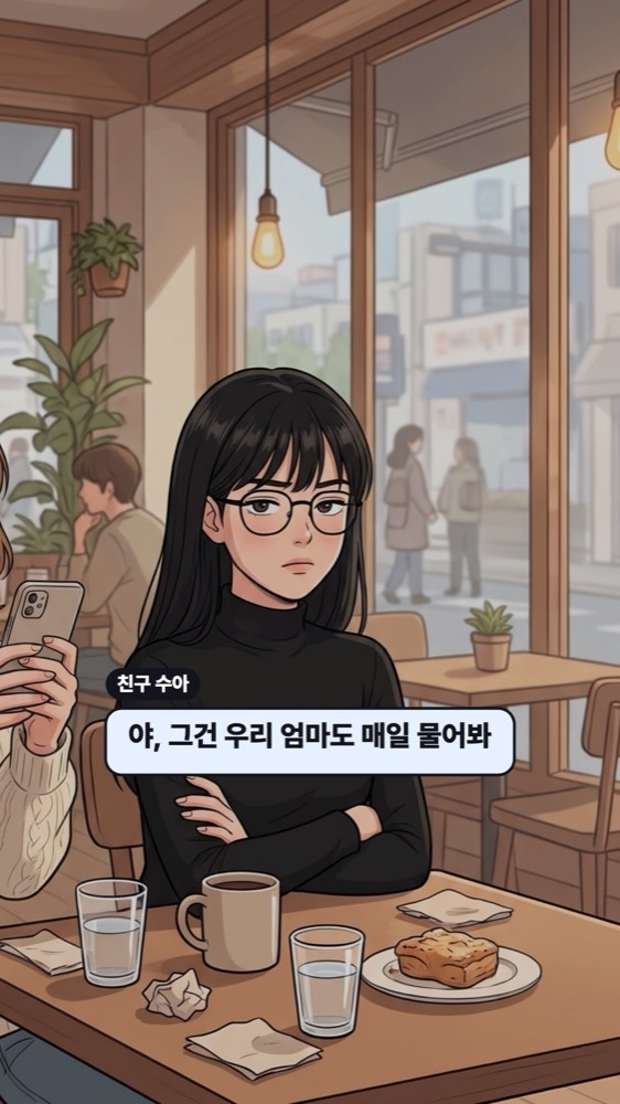 팔짱을 끼고 무표정하게 대답하는 친구와 웃는 채로 굳은 주인공 웹툰 컷