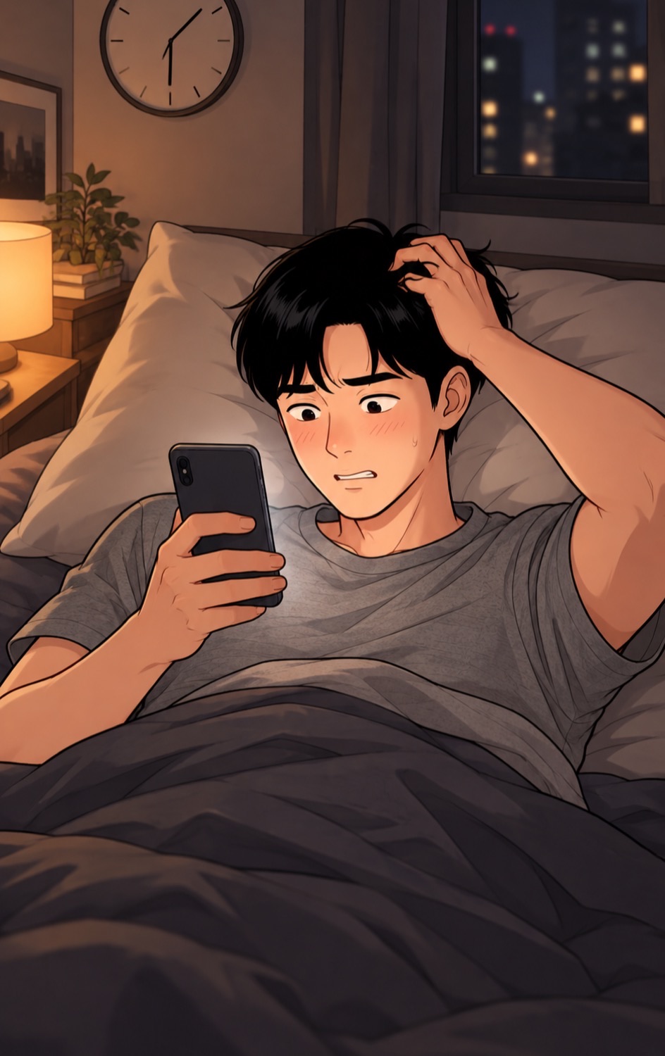 밤에 침대에 누운 30대 남자가 휴대폰을 들고 주말 약속 문장을 썼다 지웠다 하며 머리를 감싸는 웹툰 컷