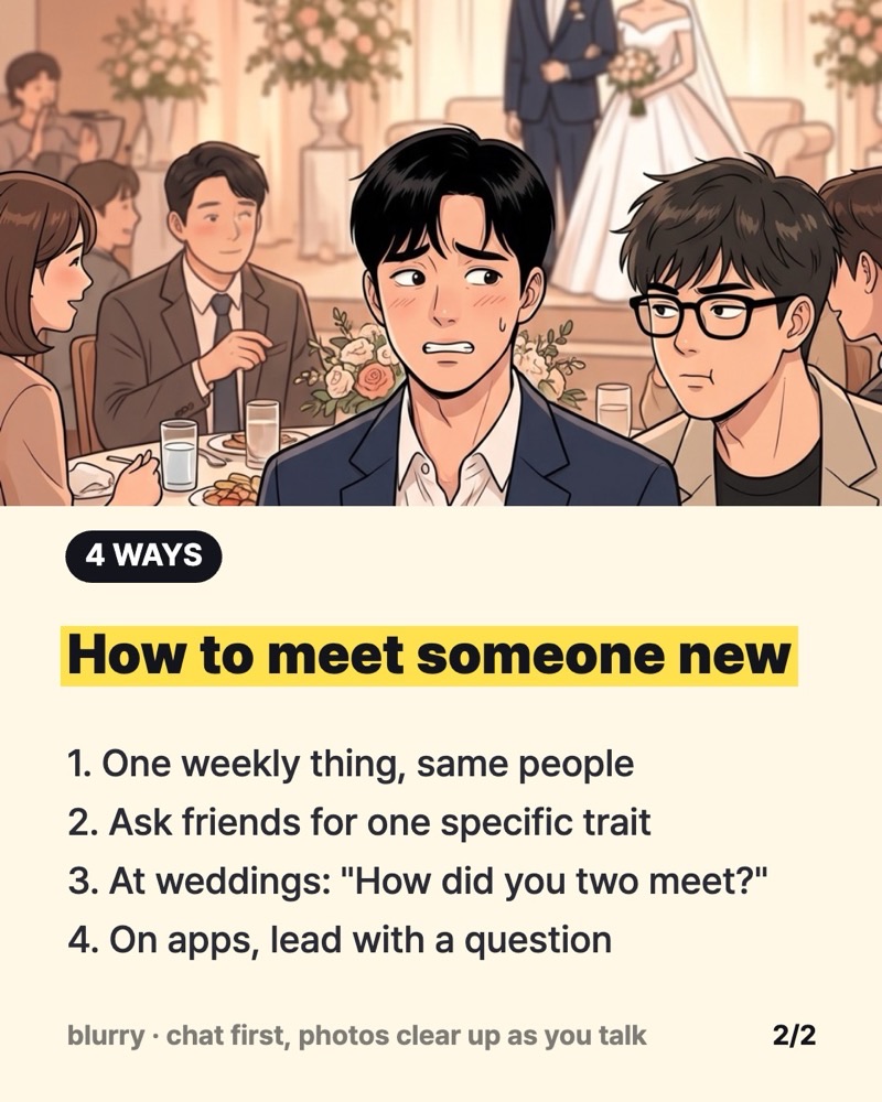 Webtoon panel at a wedding reception where a friend in glasses tells the nervous guest his life is just work, home and the gym, with four ways to meet someone listed below