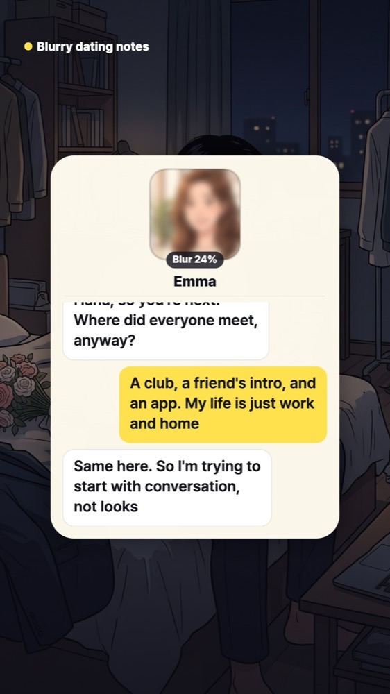 Chat screen where she asks where everyone met and he replies that his own routine is just work and home, and she answers that she is starting with conversation, not looks
