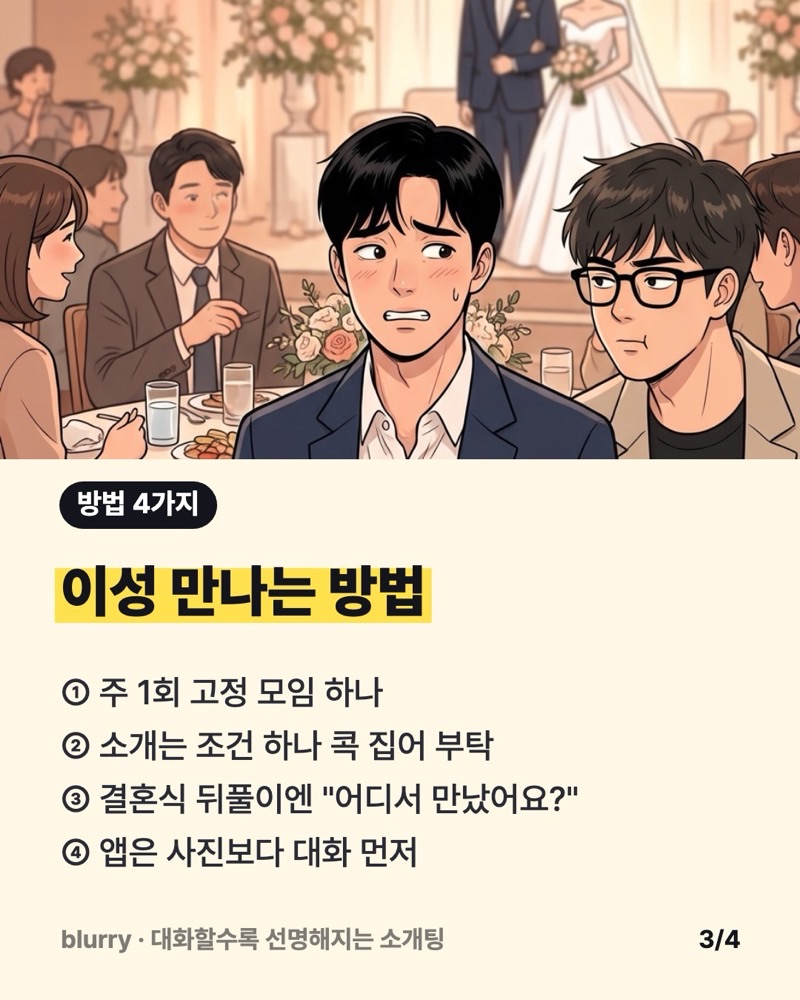 결혼식 하객석에서 친구가 '넌 회사, 집, 헬스장이 끝이잖아'라고 말하는 웹툰 컷 위에 이성 만나는 방법 4가지를 적은 카드